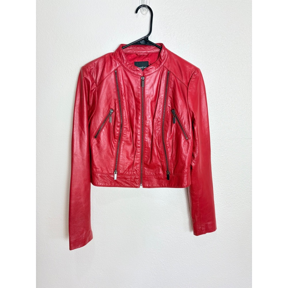 Y2K Vintage Bebe Bright Red Leather Full Zip Jacket Size Medium Motorcycle Chic